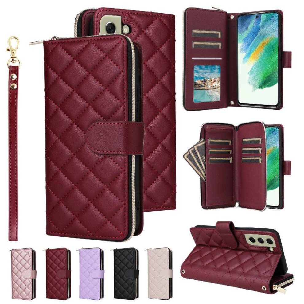 (Red) Wallet Case For Samsung Galaxy S21 Fe 5G Wrist Strap Kickstand Crossbody Strap 9 Card Holder Magnetic Closure Red 764549249367