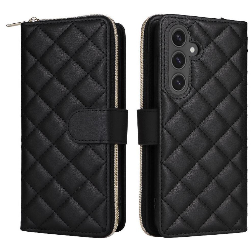 (Black) Wallet Case For Samsung Galaxy S24 Fe Kickstand Magnetic Closure Crossbody Strap Wrist Strap 9 Card Holder Black 764549249923