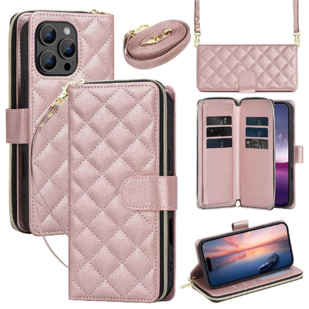 Photos - Case  Wallet  for iphone 16 Pro Max Wrist Strap Kickstand Magnetic Closure Crossbody Strap 9 Card Holder(Rose Gold )