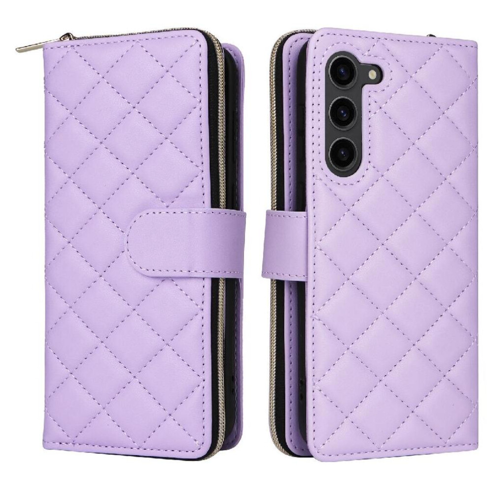 (Purple) Flip Zipper Case For Samsung Galaxy S23 9 Card Holder Kickstand 1 Cash Slot Wrist Strap Magnetic Closure Purple 764549250653