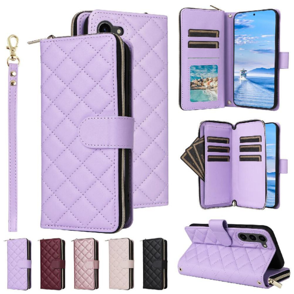 (Purple) Flip Zipper Case For Samsung Galaxy S23 Plus 9 Card Holder Wrist Strap 1 Cash Slot Kickstand Magnetic Closure Purple 764549250707