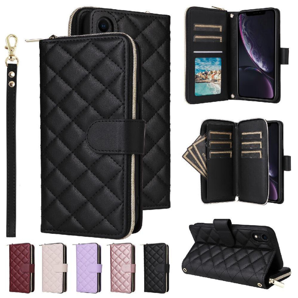 (Black) Flip Zipper Case For Iphone Xr Magnetic Closure 9 Card Holder Kickstand 1 Cash Slot Wrist Strap Black 764549250974