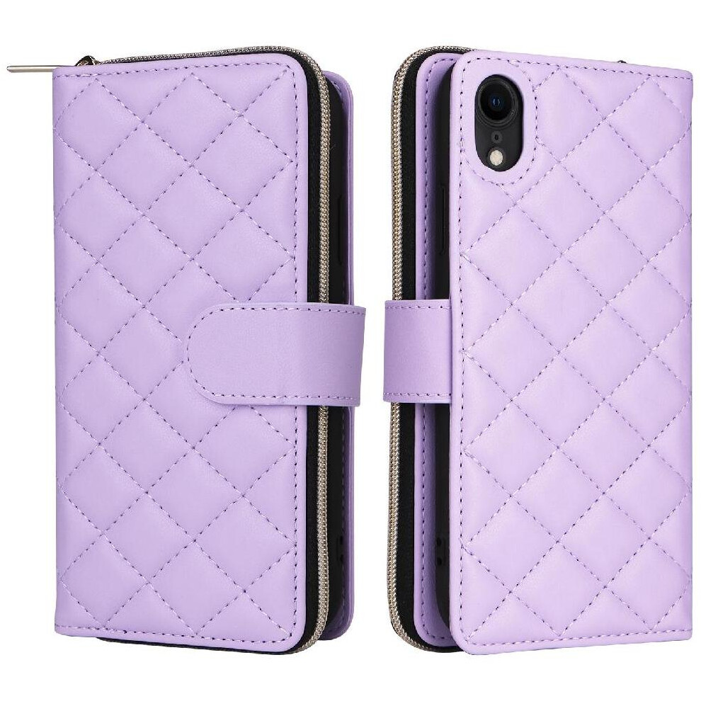 (Purple) Flip Zipper Case For Iphone Xr Magnetic Closure 9 Card Holder Kickstand 1 Cash Slot Wrist Strap Purple 764549251001