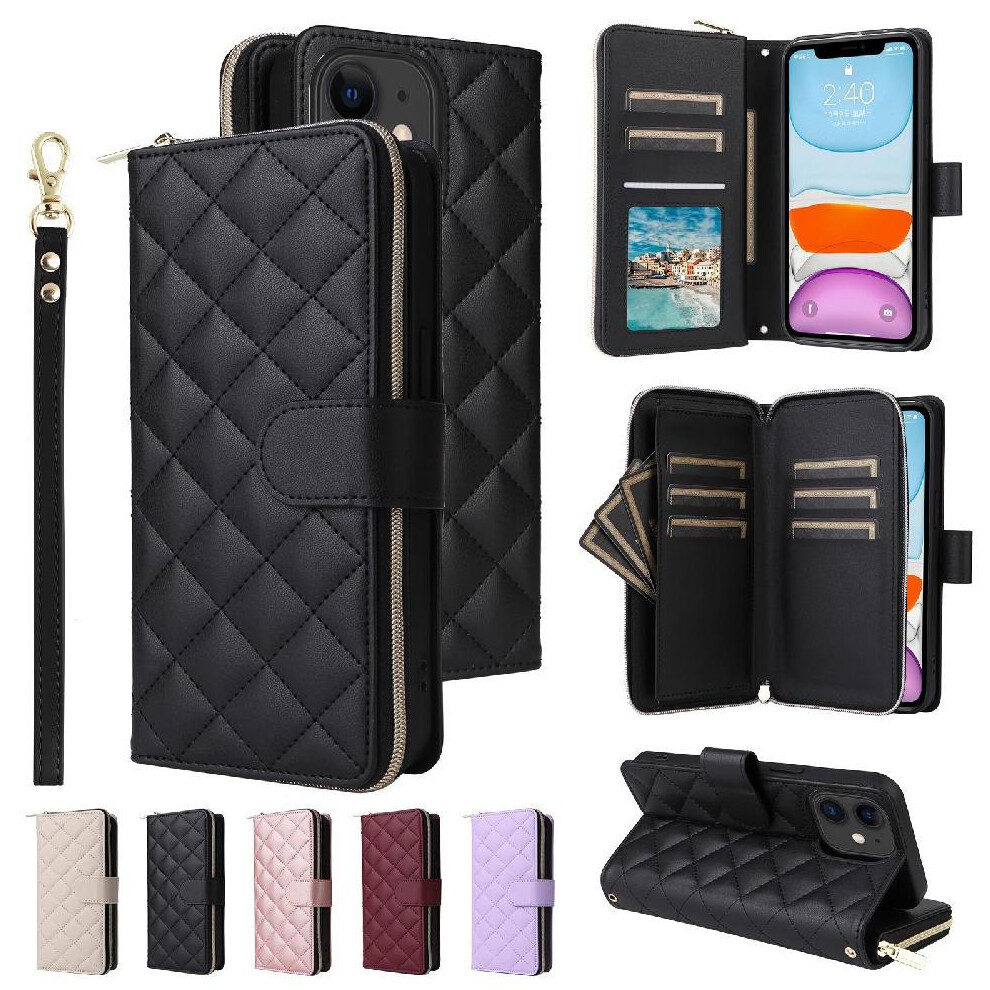 (Black) Flip Zipper Case For Iphone 11 Wrist Strap Kickstand 1 Cash Slot Magnetic Closure 9 Card Holder Black 764549251278