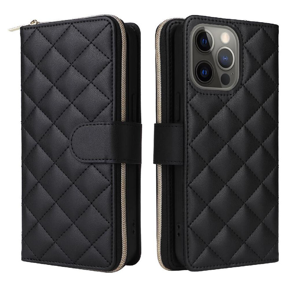 (Black) Flip Zipper Case For Iphone 12 Kickstand 9 Card Holder Magnetic Closure Wrist Strap 1 Cash Slot Black 764549251421