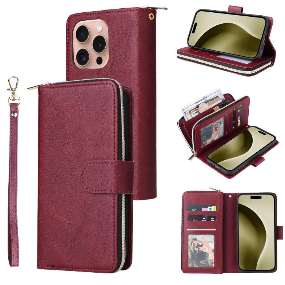 (Red) Case For Iphone 16 Zipper Pocket Card Holder Flip Cover With Hand Strap Wallet Case With 9 Card Slots Red 764549252510