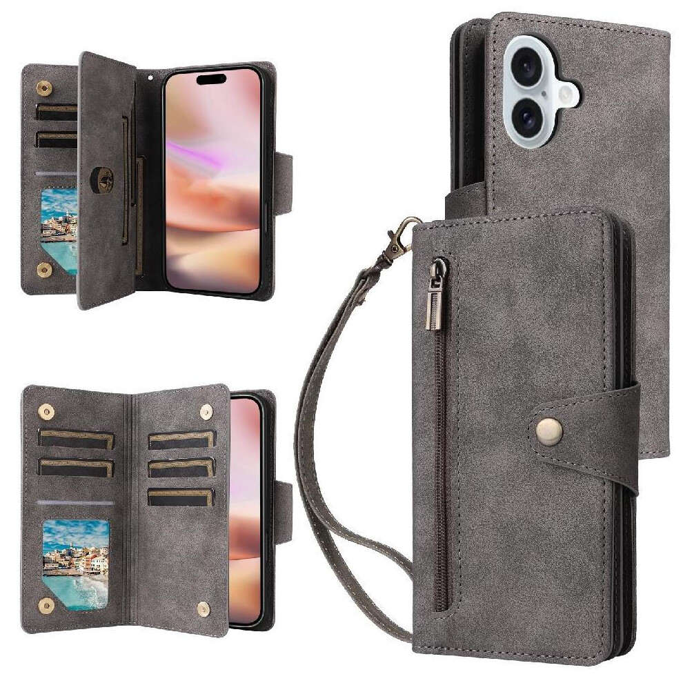 Photos - Case   for iphone 16 Plus Magnetic Leather Card Holder Zipper Wallet Cover with Hand Strap(Gray )