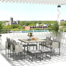 Outsunny 8-Seater Cube Garden Dining Set with Cushions, Steel Frame, PSPC Wood-Effect Table, 84G-548V70GY