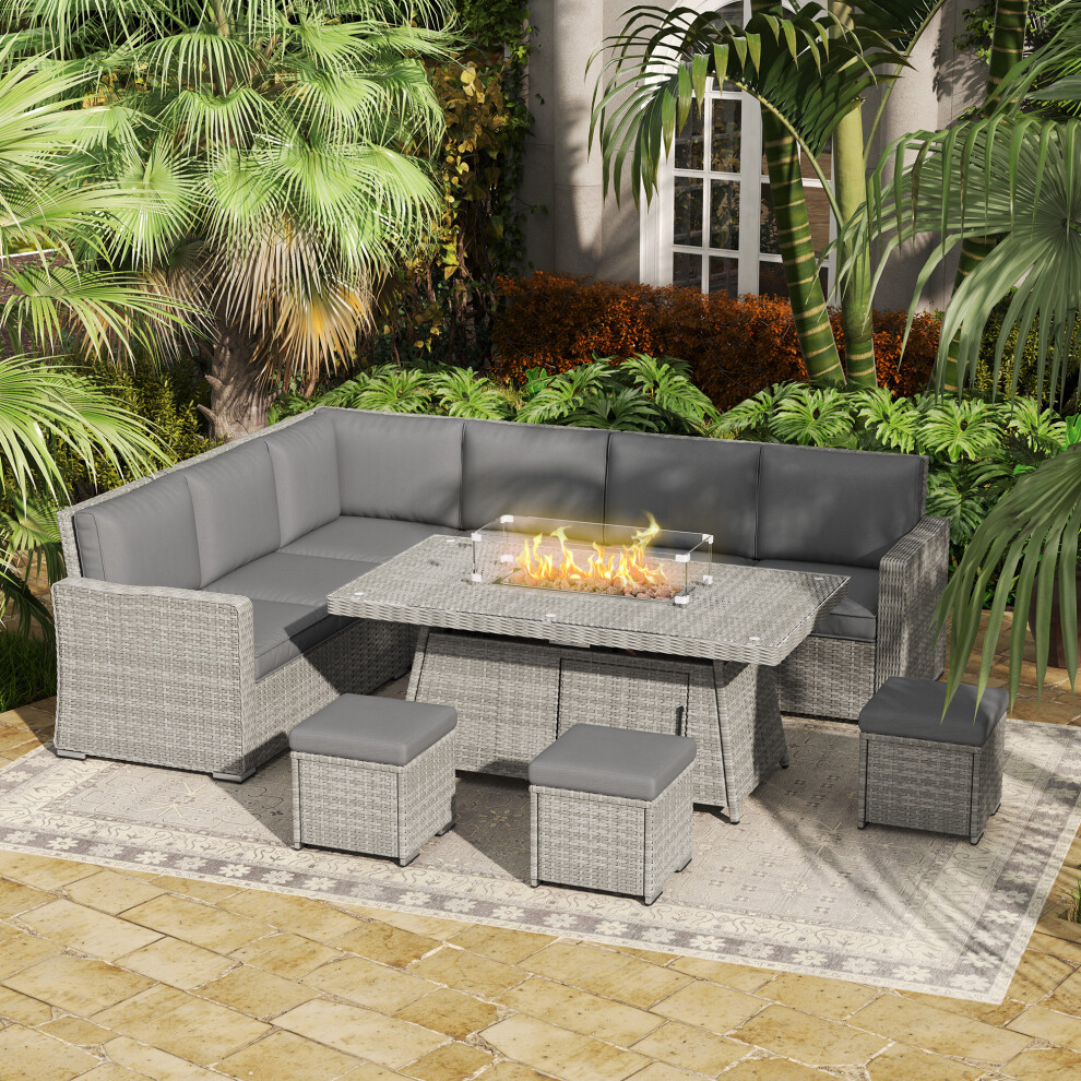 Outsunny 7 Pieces Rattan Garden Furniture Set W/ 50,000 Btu Fire Pit Table