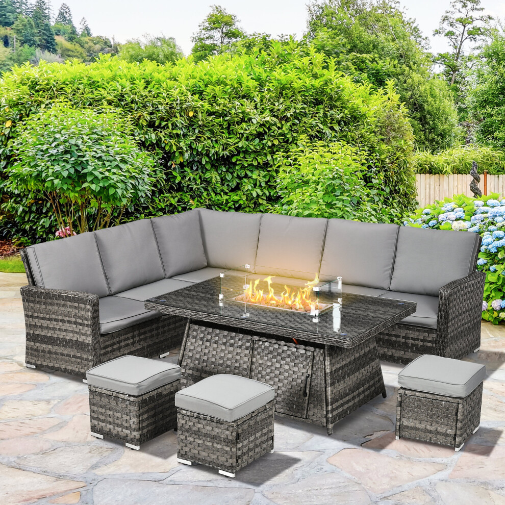 Outsunny 7 Pieces Rattan Garden Furniture Set W/ 50,000 Btu Fire Pit Table