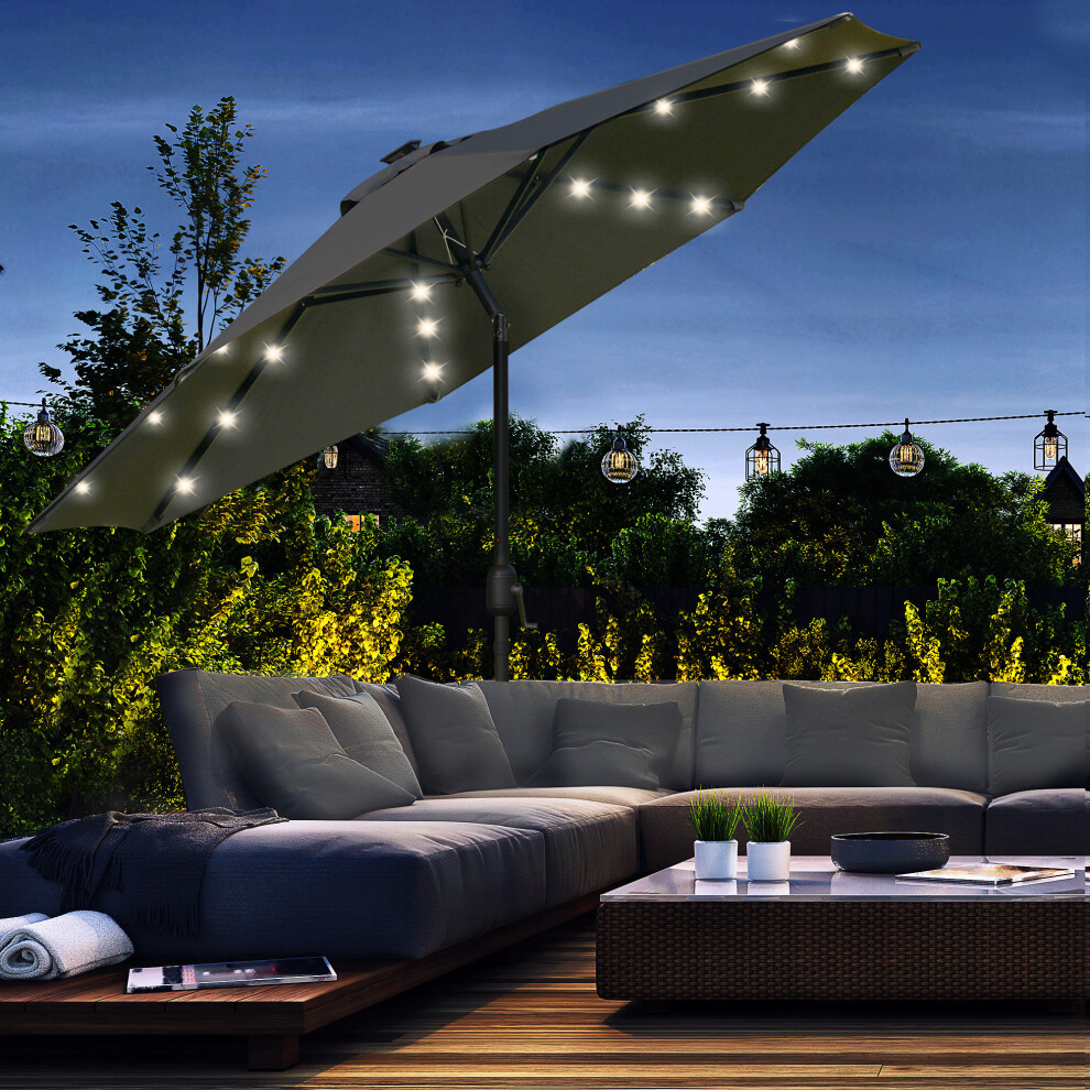 Outsunny 2.7m Patio LED Umbrella with Push Button Tilt/Crank 8 Ribs Grey