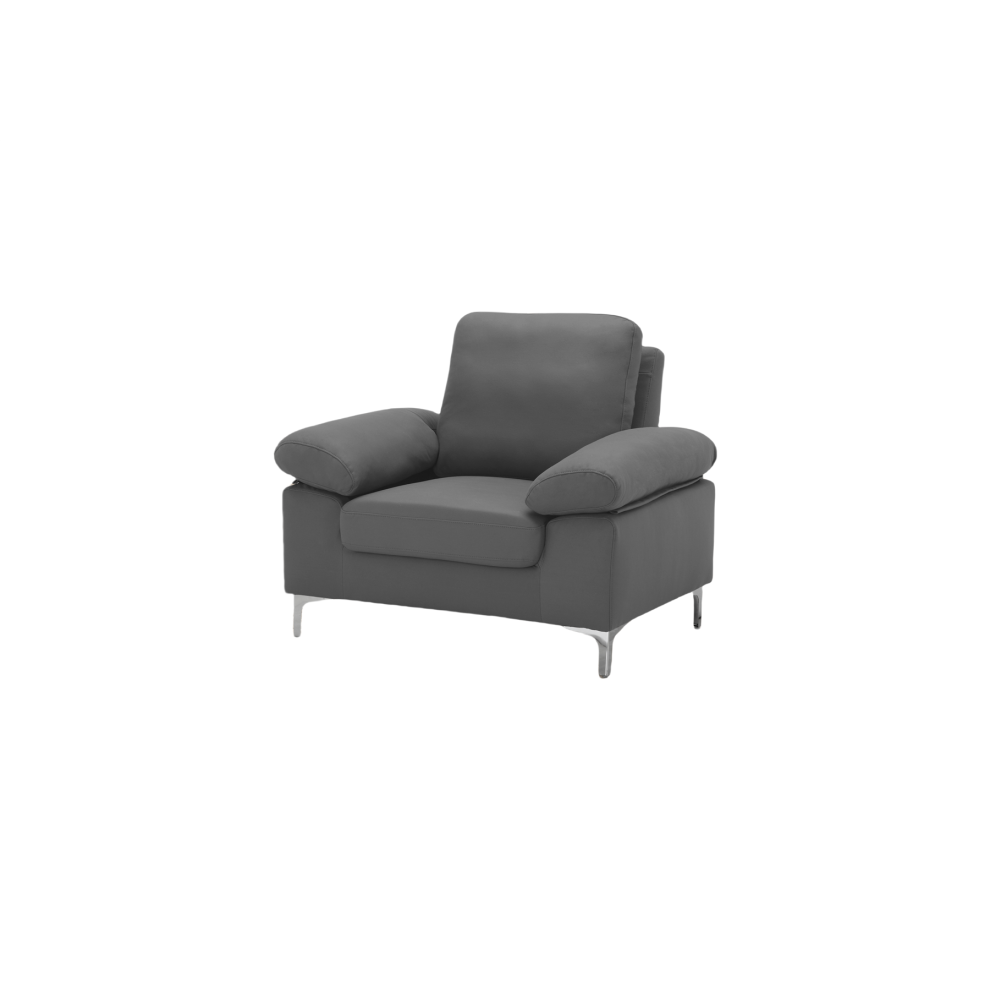 Modern Grey Fabric One Seater Sofa with Chrome Feet - Comfortable Couch with Cushion for Living Room, Bedroom or Office