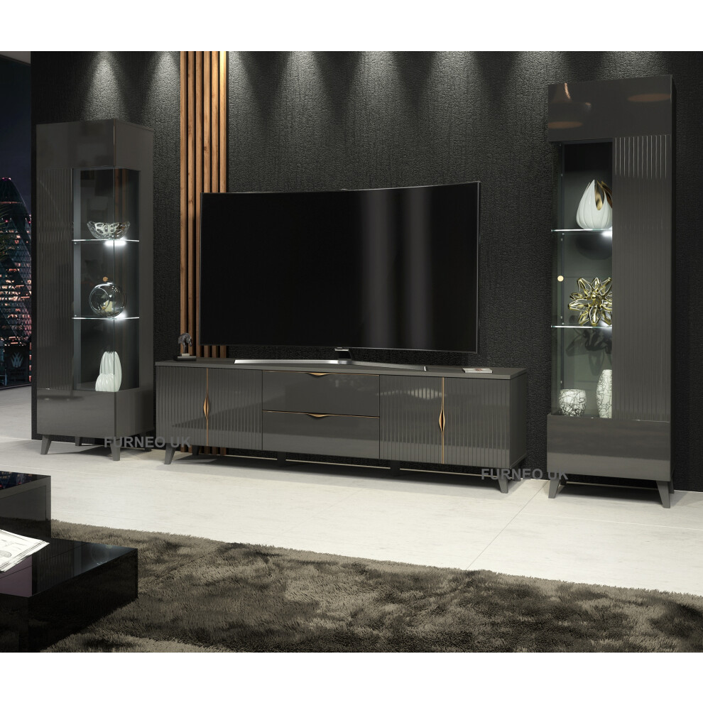 (White LED Lights ) Furneo Grey Living Room Set TV Stand Display Cabinets Azzurro10/12G LED Lights