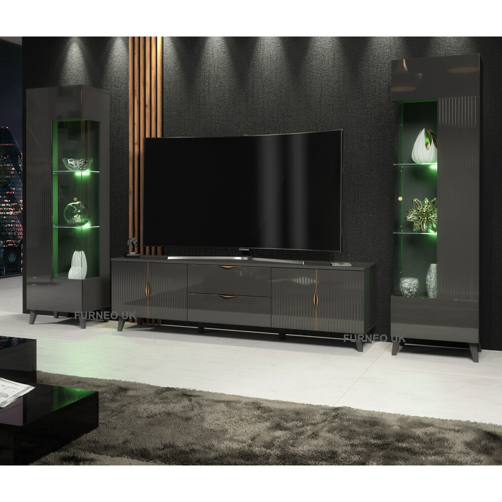 (RGB (multicoloured) LED Lights) Furneo Grey Living Room Set TV Stand Display Cabinets Azzurro10/12G LED Lights