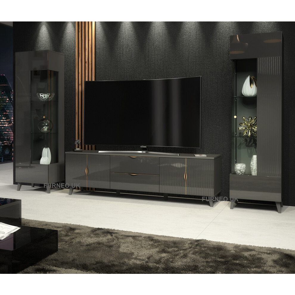 (No LED Lights) Furneo Grey Living Room Set TV Stand Display Cabinets Azzurro10/12G LED Lights