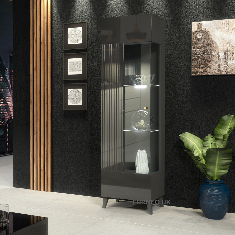 (White LED Lights) Furneo Grey Display Cabinet Storage Modern Glass Cupboard High Gloss & Matt Azzurro12G LED Lights