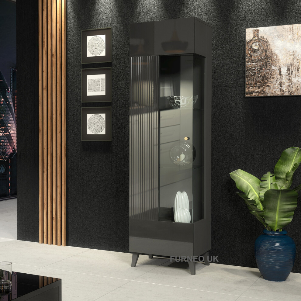(No LED Lights) Furneo Grey Display Cabinet Storage Modern Glass Cupboard High Gloss & Matt Azzurro12G LED Lights