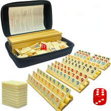 (106Tiles 4Trays) 1 Set Standard Edition Rummy Cube Game - 106 Tiles with 4 Wooden Racks, ABS Resin Travel Case
