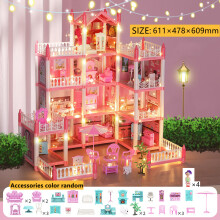 (11-Rooms Pink) 3d Assembly Diy Doll House Miniature Model Doll House Accessories Villa Princess Castle Led Lights