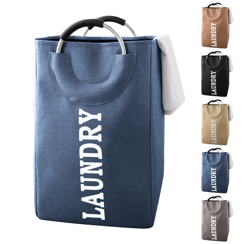 (Navy) 43L Collapsible Laundry Basket, Polyester Clothes Bin Basket, Waterproof, Self-Standing Laundry Bag Foldable Hampers for Bedroom, Bathroom, Dorm