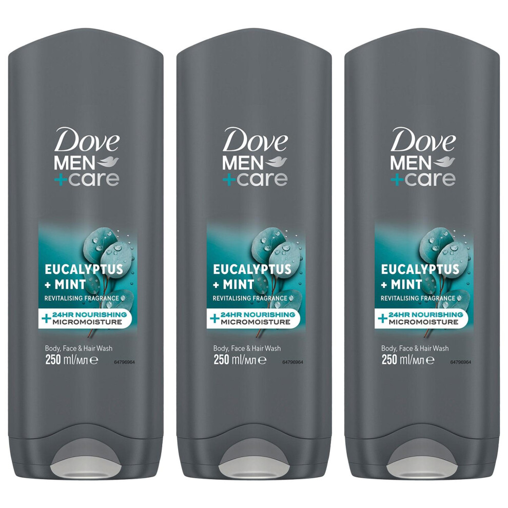 Dove Men+Care 3 In 1 Body, Face & Hair Wash Eucalyptus + Mint 250ml, 3 Pack