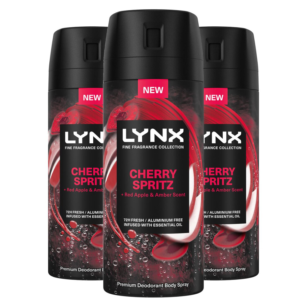 Lynx Men Deodorant Body Spray Cherry Spritz with 72Hrs Freshness 150ml, 3 Pack