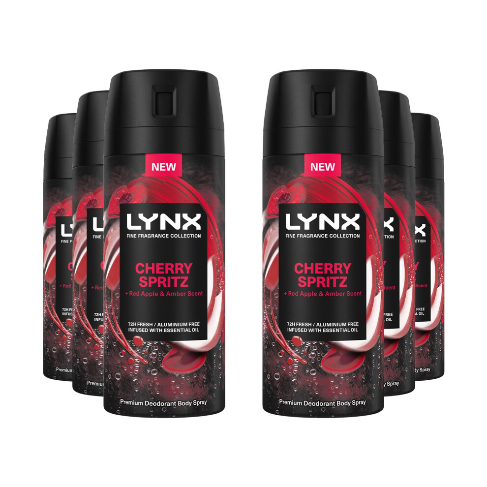 Lynx Men Deodorant Body Spray Cherry Spritz With 72Hrs Freshness 150Ml, 6 Pack