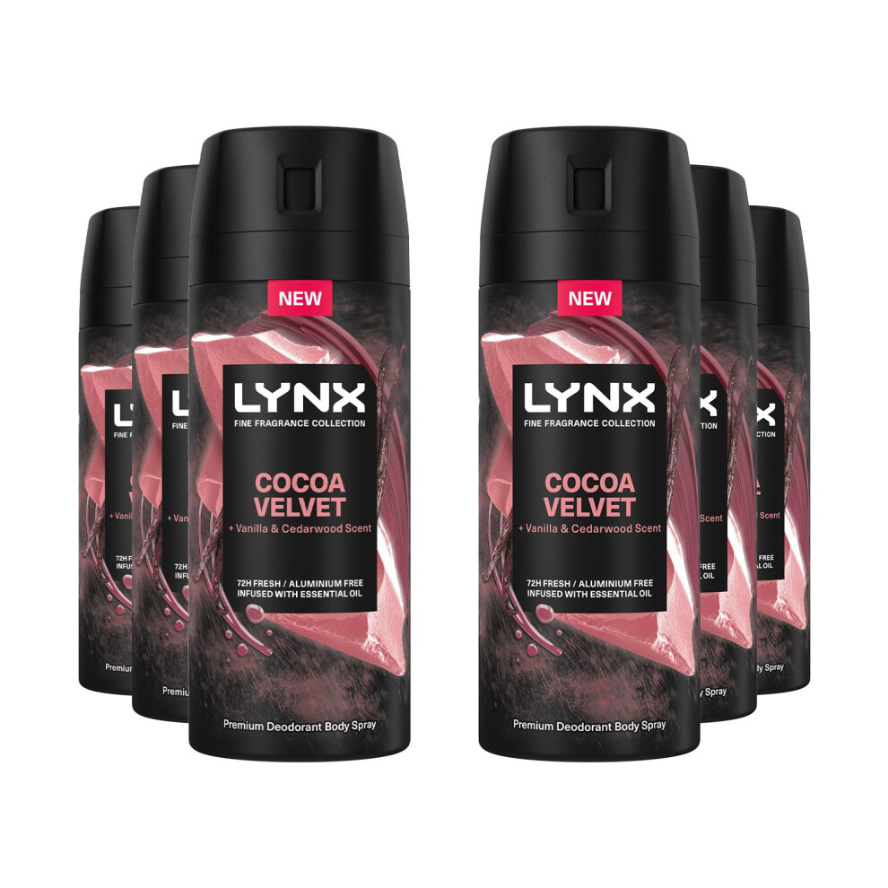 Lynx Body Spray Fine Fragrance Collection Cocoa Velvet For Men 150Ml, 6 Pack