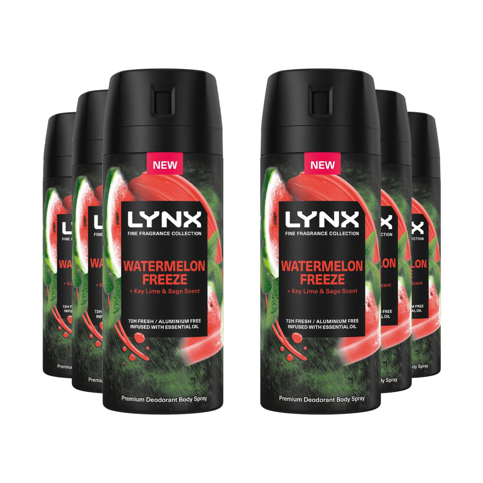 Lynx Men Watermelon Freeze Deodorant Spray 72Hrs Freshness, 2X Odor-Busting Zinc, Aluminium-Free, Lime & Sage, 150Ml, 6-Pack - 64769711