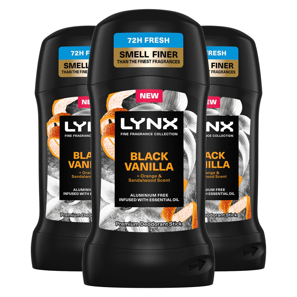 Lynx Deodorant Stick Black Vanilla with 72Hrs Freshness 50ml, 3 Pack