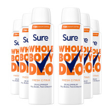 Sure Women Fresh Citrus Whole Body Deodorant Spray Aluminium Free 150ml, 6 Pack