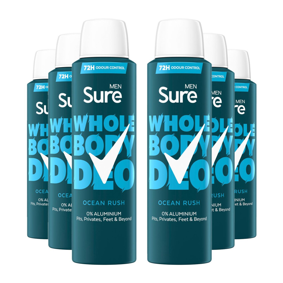 Sure Men Whole Body Deodorant Spray Ocean Rush w/ 72H Odour Control 150ml, 6pk