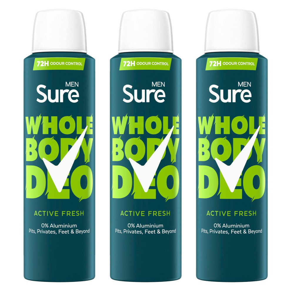 Sure Men's White Whole Body 'Deodorant Spray' Active Fresh W/ 72H Odour Free 150Ml, 3 Pack In - Image 6