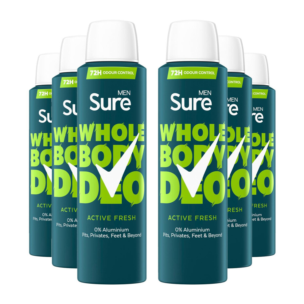 Sure Men Whole Body Deodorant Spray Active Fresh W/ 72H Odour Control 150Ml, 6Pk