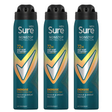 Sure Men Energise Deodorant Spray - 72H Nonstop Protection, Alcohol-Free, Mandarin & Amber, 3x250ml (64772712)