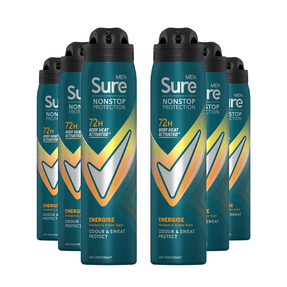 Sure Men Energise Deodorant Spray With 72H Nonstop Protection 250Ml, 6 Pack