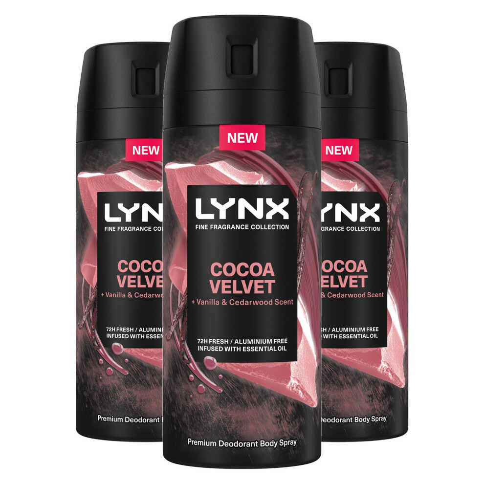 Lynx Body Spray Fine Fragrance Collection Cocoa Velvet For Men 150Ml, 3 Pack
