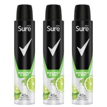 Sure Men Deodorant Spray Bergamot & Mint with 48Hrs Protection 200ml, 3 Pack