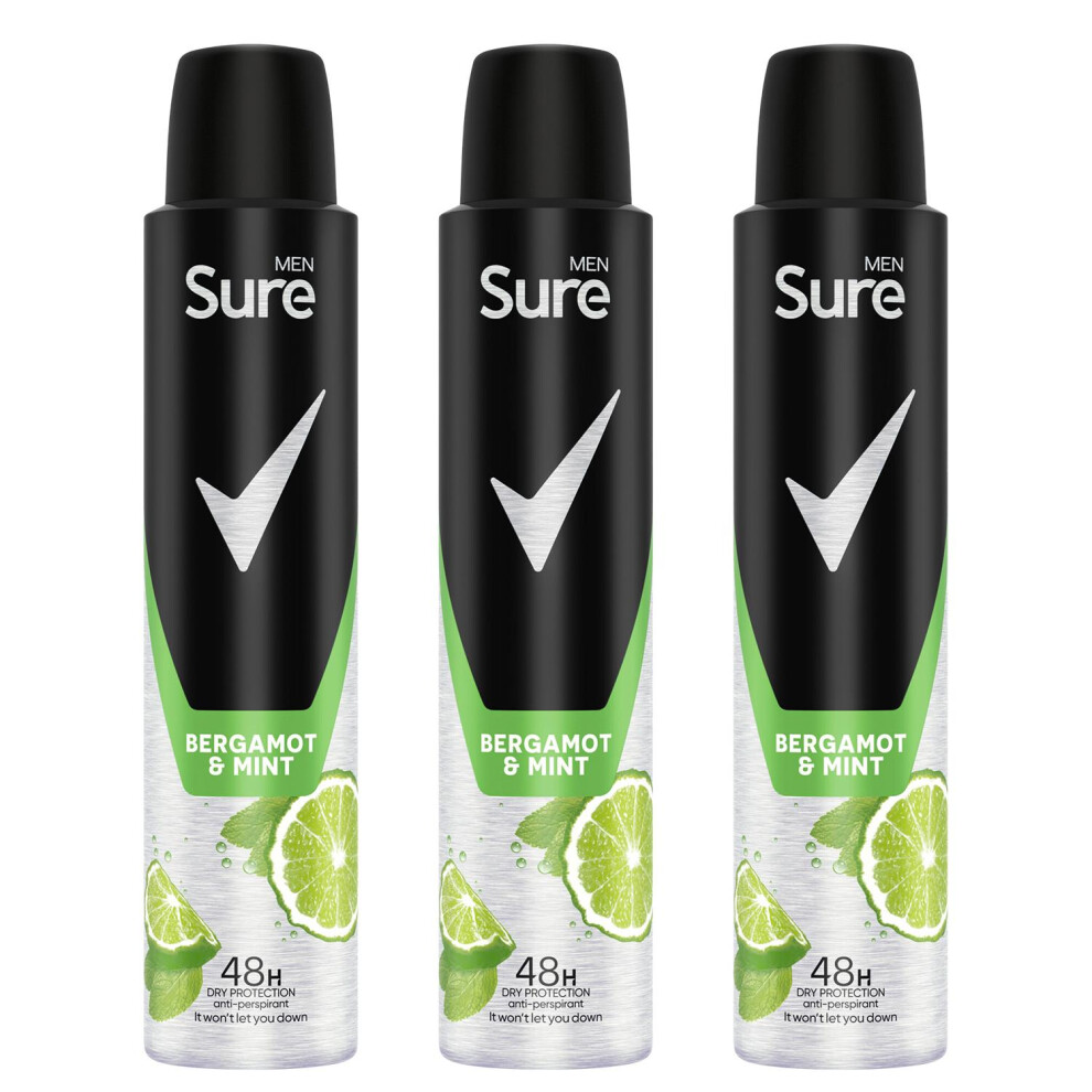 Sure Men Deodorant Spray Bergamot & Mint with 48Hrs Protection 200ml, 3 Pack