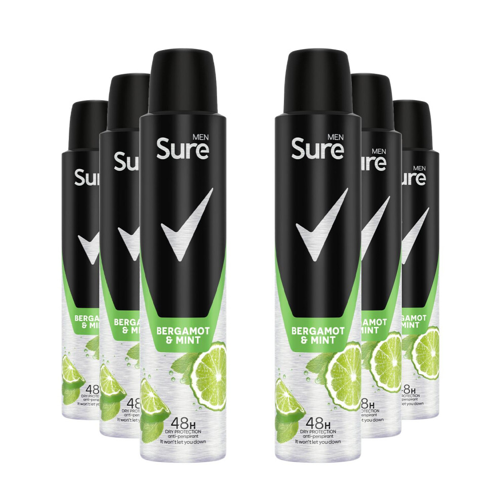 Sure Men Deodorant Spray Bergamot & Mint With 48Hrs Protection 200Ml, 6 Pack