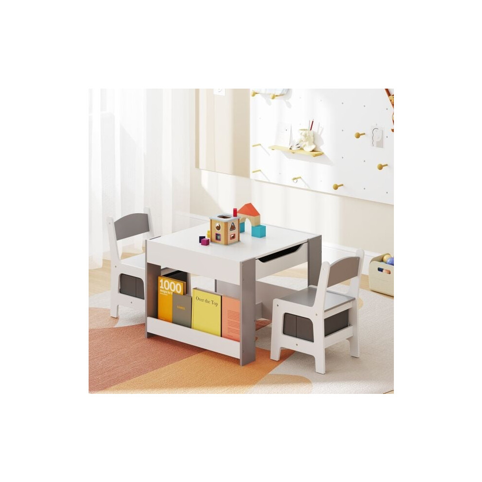 (Grey) 4 in 1 Kids Table and Chairs Set with Reversible Tabletop and Bookshelves
