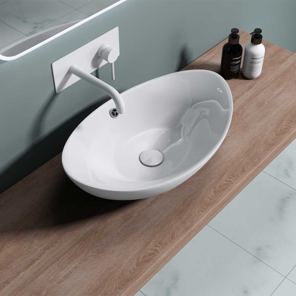 Durovin Bathrooms Oval Countertop Basin Ceramic Bathroom Basin - Vessel Sink - Deep Fill With Overflow Slot (590 X 380 X 190Mm) 5060724233684