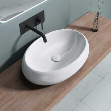 Durovin Bathrooms Ceramic Bathroom Basin - Countertop Sink With No Overflow - Shallow Fill No Tap Hole -Rounded Wall Oval Shape (590 x 400 x 155mm)