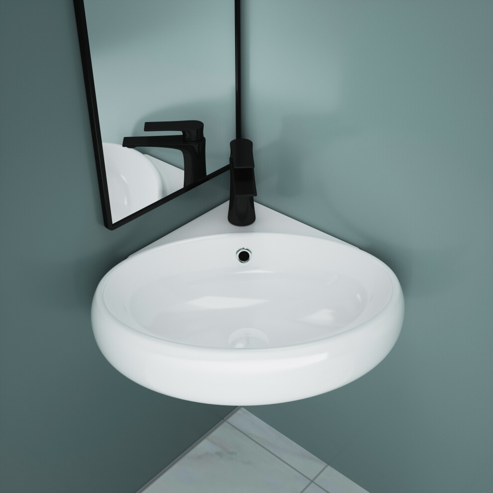 Durovin Bathrooms Ceramic Bathroom Basin - Corner Wall Hung Sink For Cloakroom Bathroom- Round Shape Washing Bowl (400 x 380 x 145mm)