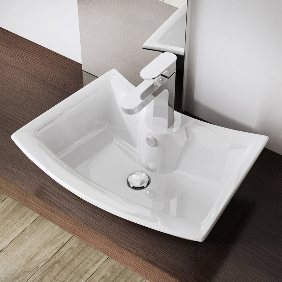 Durovin Bathrooms Ceramic Bathroom Basin - Countertop Sink Vessel - Single Tap Hole With Overflow - Curved Rectangular (500 X 380 X 135Mm) 5060724233516