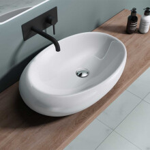 Durovin Bathrooms Ceramic Bathroom Basin - Countertop Sink With No Overflow - Shallow Fill No Tap Hole - Oval Shape Offset Rim (690 x 420 x 170mm)