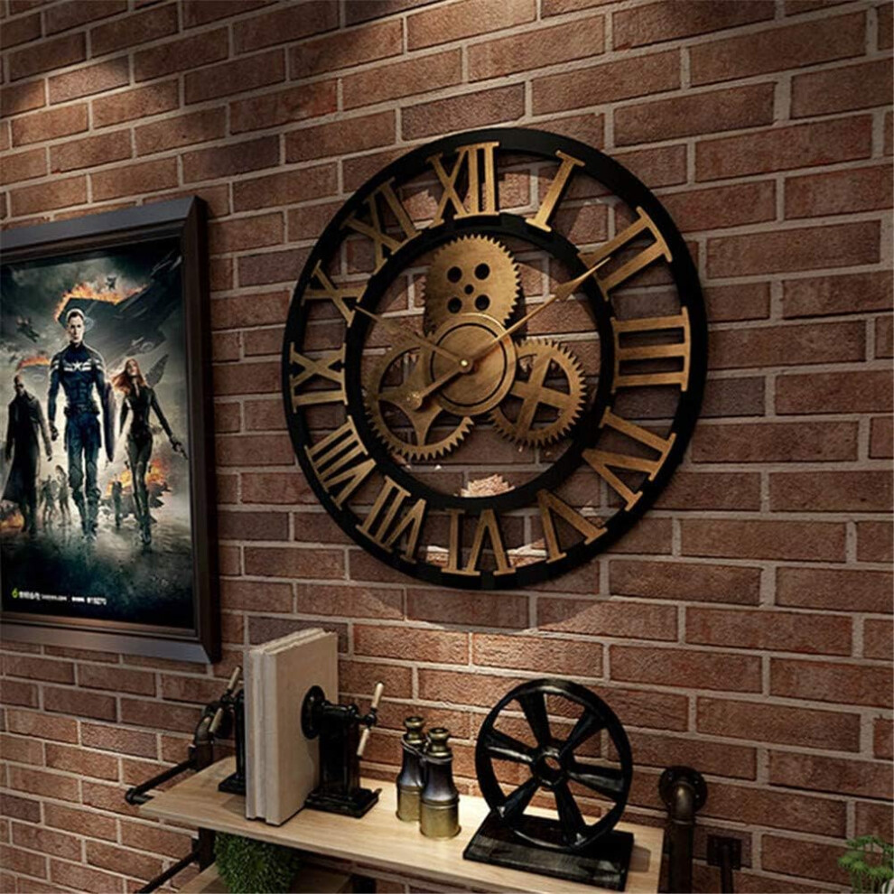 Large Indoor Wall Clock Roman Numerals Open Face Wooden Gold 60cm