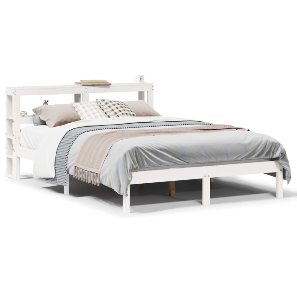 vidaXL Bed Frame With Headboard Bed White 135x190 Cm Double Solid Wood Pine