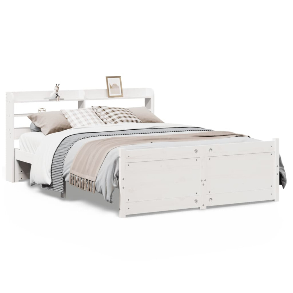 vidaXL Bed Frame With Headboard Bed White 135x190 Cm Double Solid Wood Pine