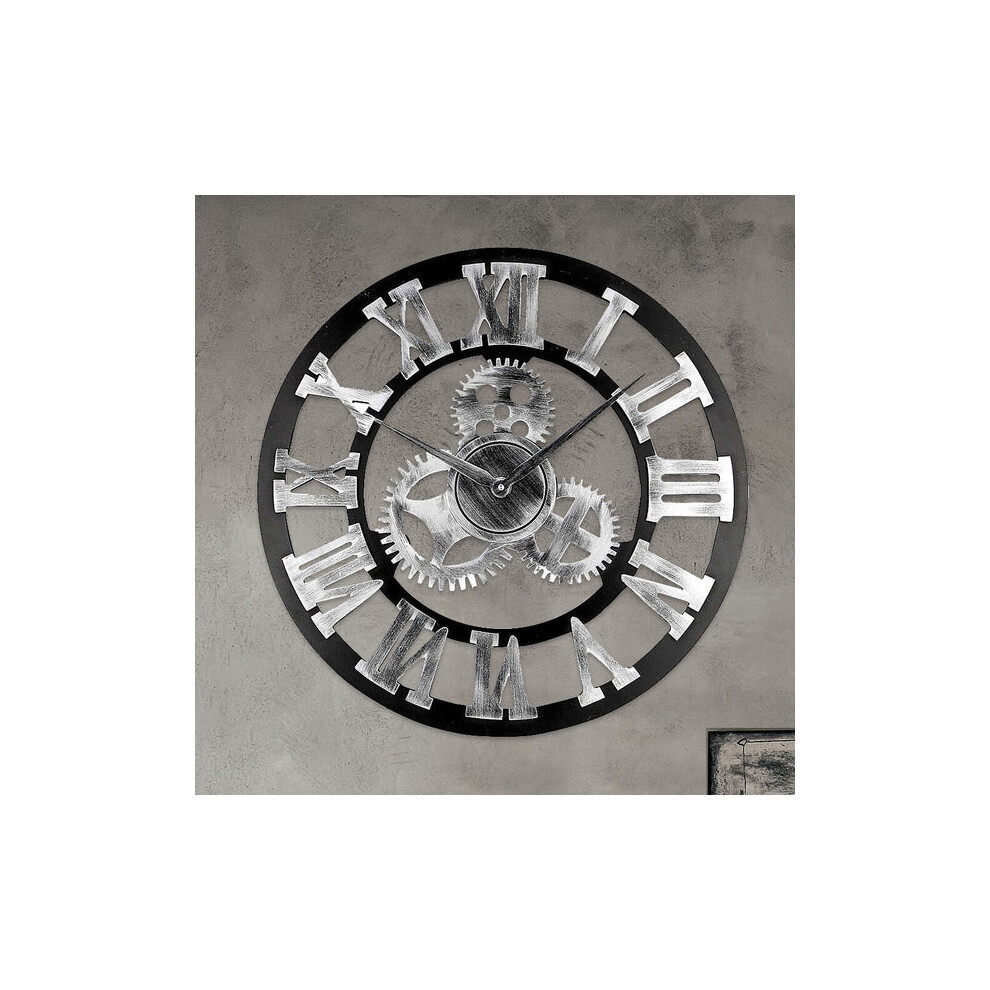 Large Indoor Wall Clock Big Roman Numerals for Living Room Silver 60cm